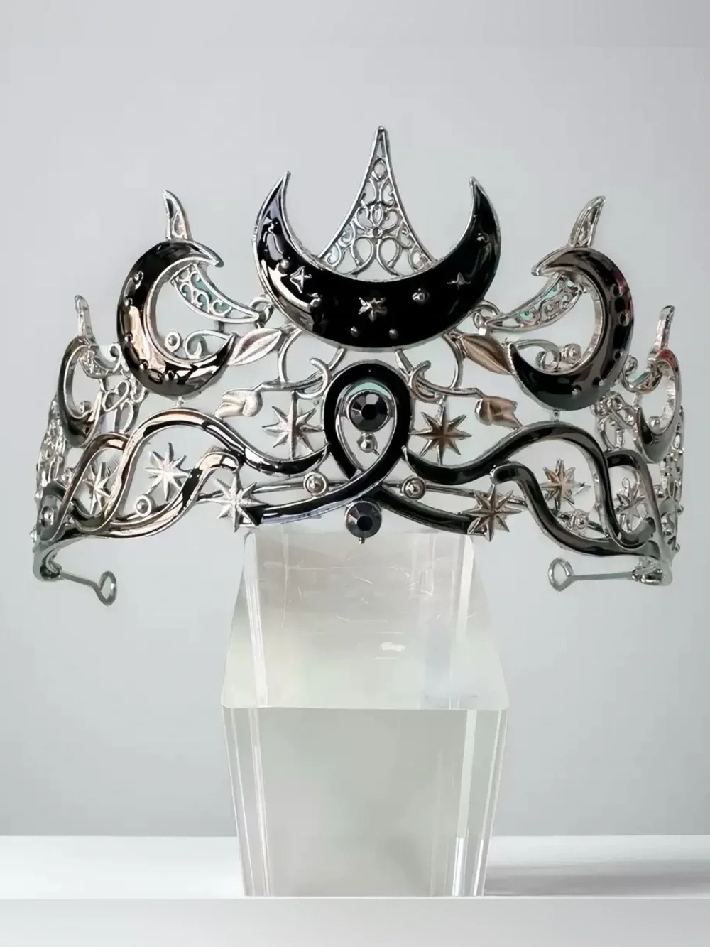 Silver Crescent Moon Tiara Crown - Elegant Women's Accessory